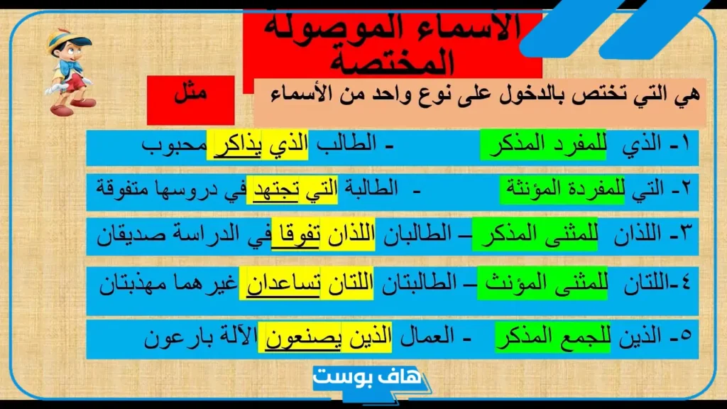 أمثلة على الأسماء الموصولة في جملة مفيدة مع الإعراب